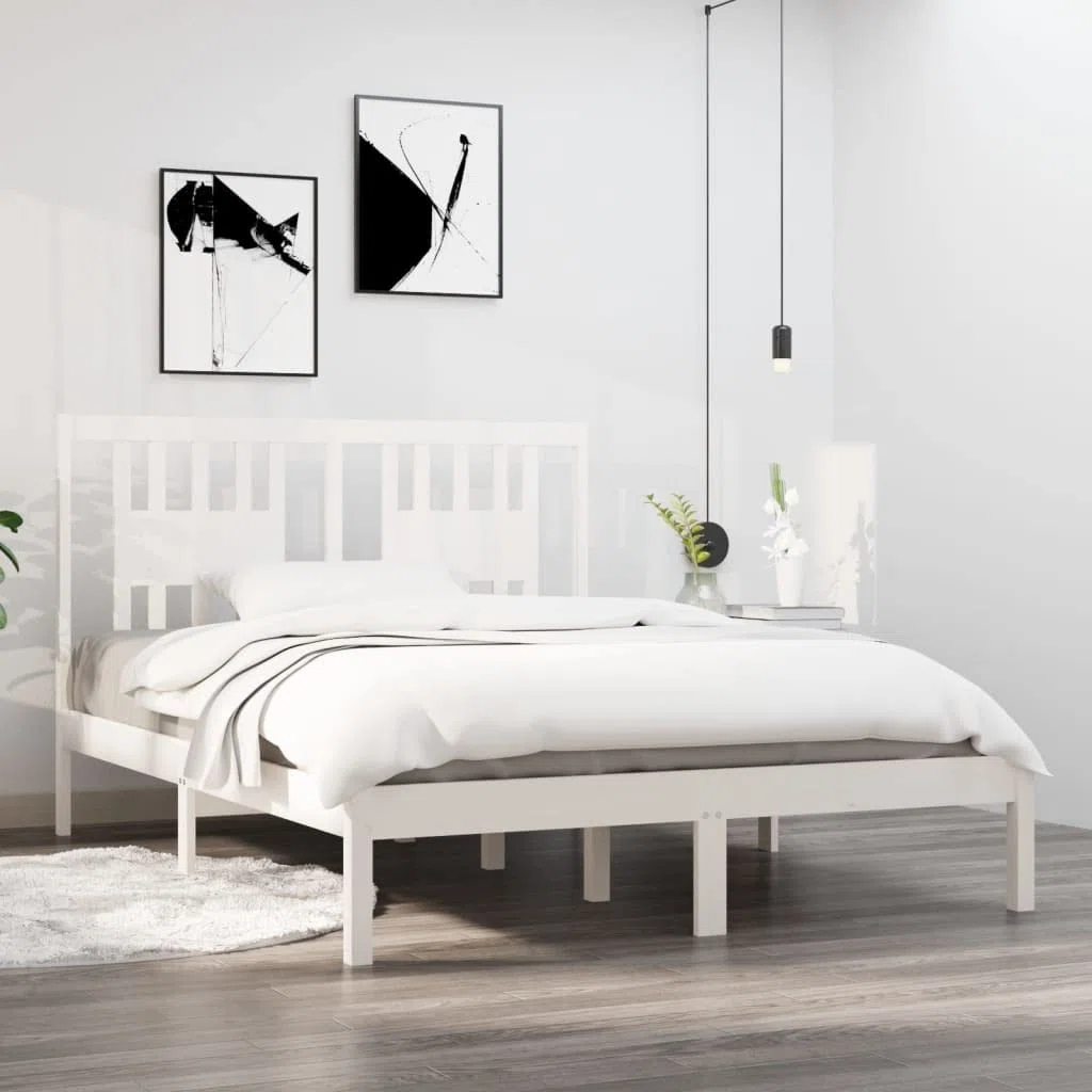 Cama de madera maciza de pino blanco de 140 x 190 cm, marco de cama resistente con cabecero, cama de madera para dormitorio, adultos, adolescentes, duradera