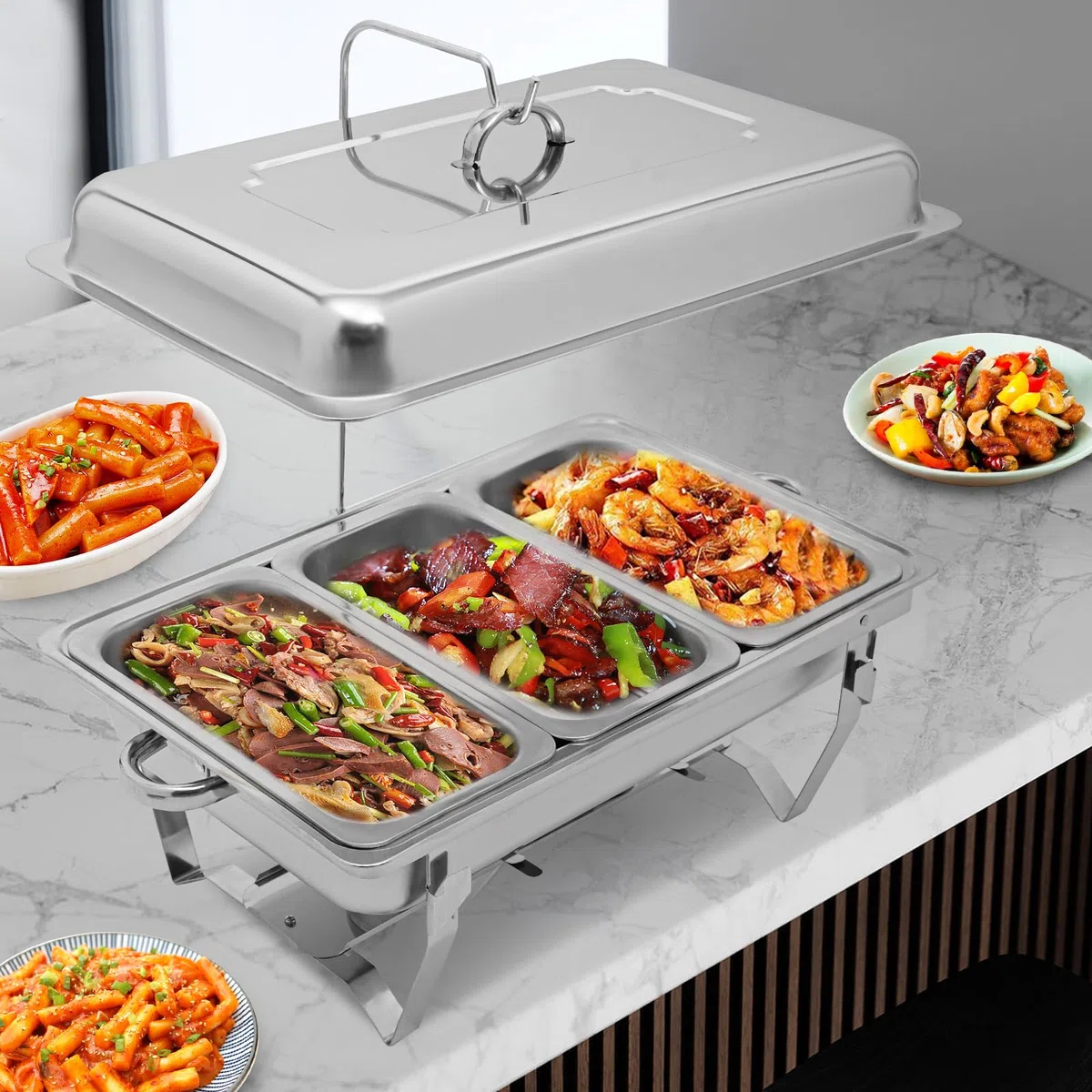 Calentador de alimentos de 9 l, recipiente térmico de acero inoxidable, marco plegable de acero inoxidable, juego de buffet plateado, rectangular, para catering, buffet y fiestas (3 bandejas)