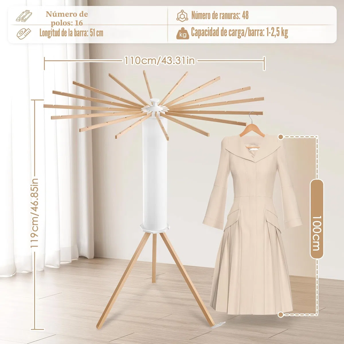 FIVMEN Tendedero plegable - Ahorra espacio, portátil con trípode y 16 barras para secar la ropa - Ventilador de ropa de gran capacidad para balcón, lavandería, baño, madera