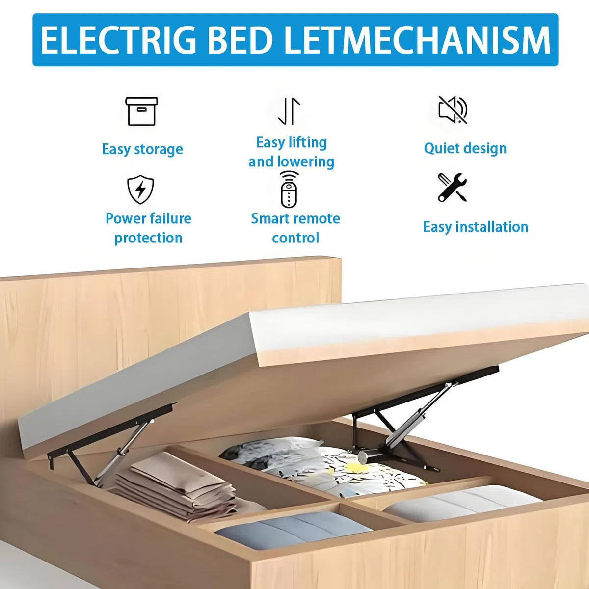 Mecanismo de elevación de Cama eléctrico (2 Unidades), Barra de elevación Plegable, Capacidad de Carga de 600 kg, con Control Remoto, Ahorro de Espacio. Black-1.1m