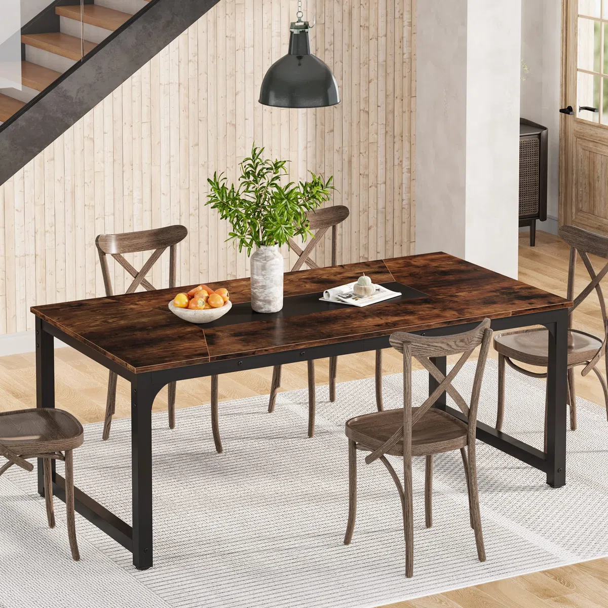 Tribesigns Mesa de Comedor Industrial para 6-8 Personas, 180 x 90 x 77 cm, Mesa de Comedor Rectangular para Comedor, Salón, con Patas de Metal Duraderas, Marrón Rústico