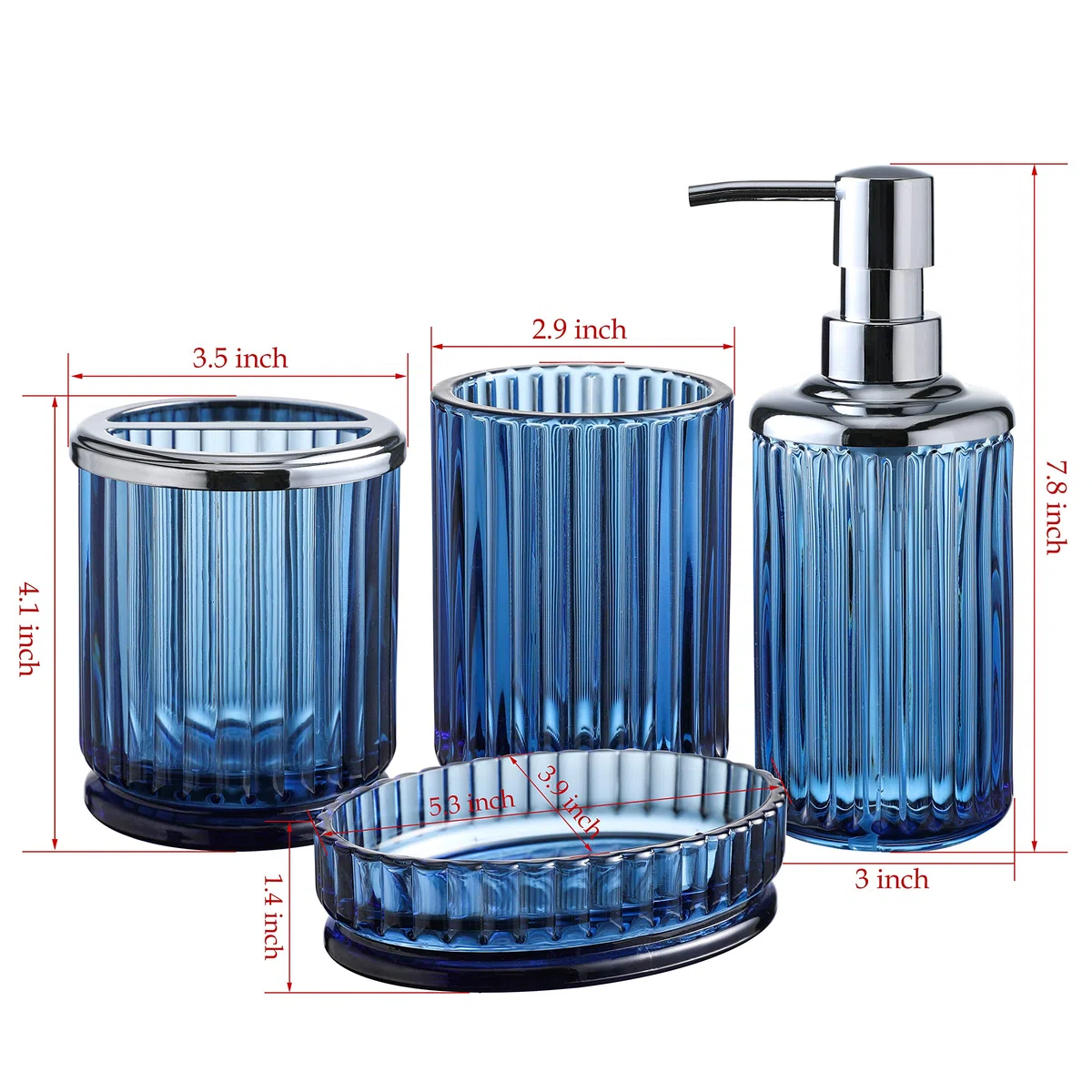 Juego de Accesorios de baño de Vidrio Azul decente de 4 Piezas con patrón Decorativo prensado – Incluye dispensador de jabón de Manos, Vaso, jabonera y Soporte para Cepillo de Dientes (Azul Cobalto)