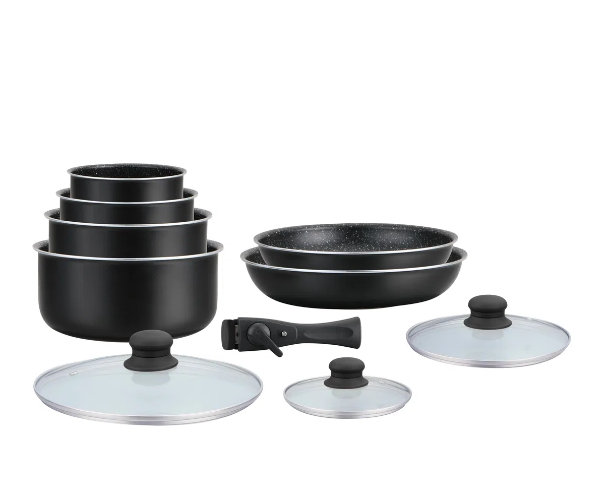 HAGEN, Batería de cocina con recubrimiento de piedra, Mango desmontable, 10 piezas, Negro, Recubrimiento antiadherente, Todos los quemadores, Incluye inducción, HA04630