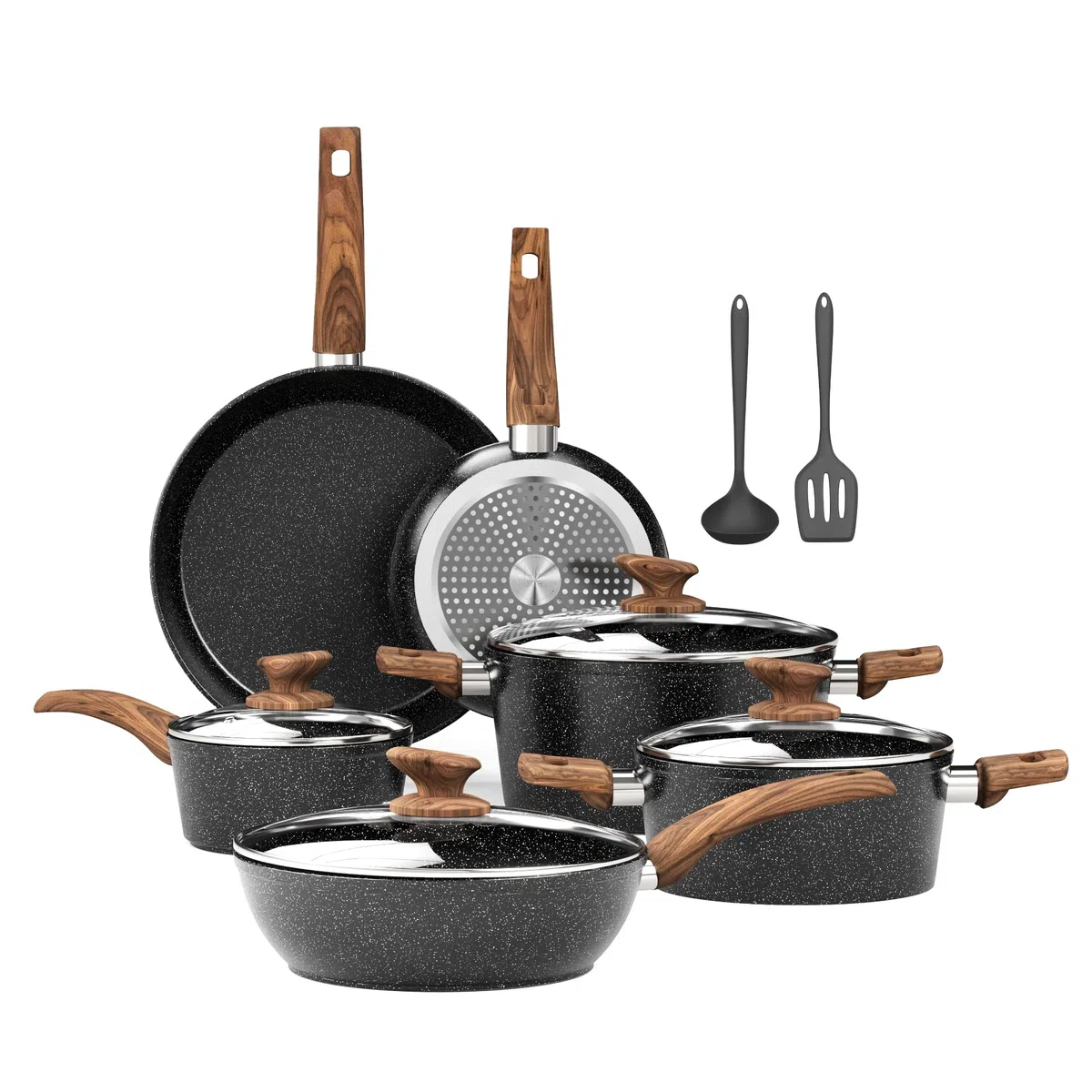 Kitchen Academy Bateria de Cocina Induccion y Sartenes Antiadherentes - 12 piezas Juego de Sartenes Antiadherentes, Sartenes Induccion Cacerolas libre de PTFE y PFOA (Negro)
