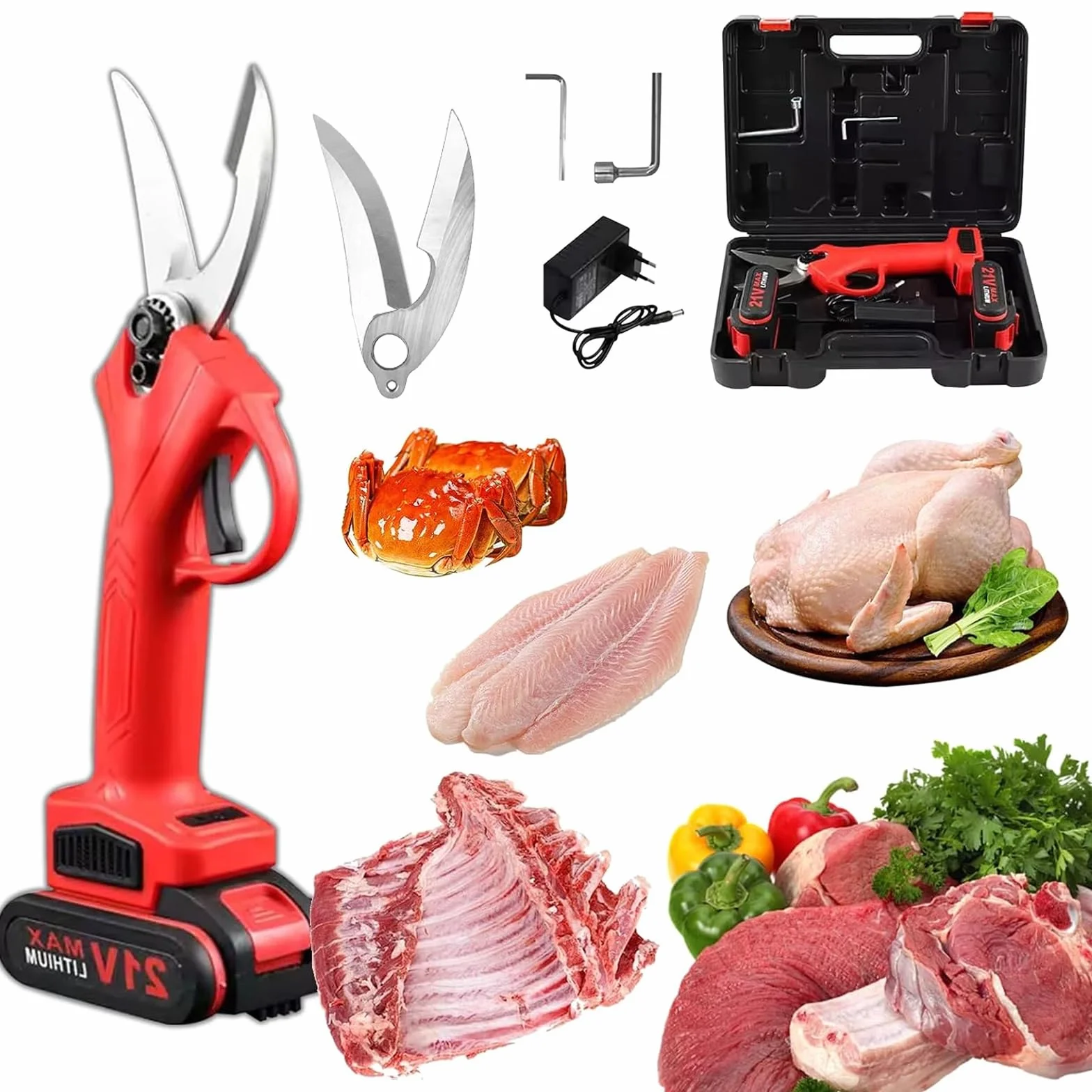 Tijeras Eléctricas de Cocina, Multifunción Tijeras Para Huesos De Cocina Recargables con 2 Baterías, para Pollo Congelado Carne Pescado Marisco Vegetal