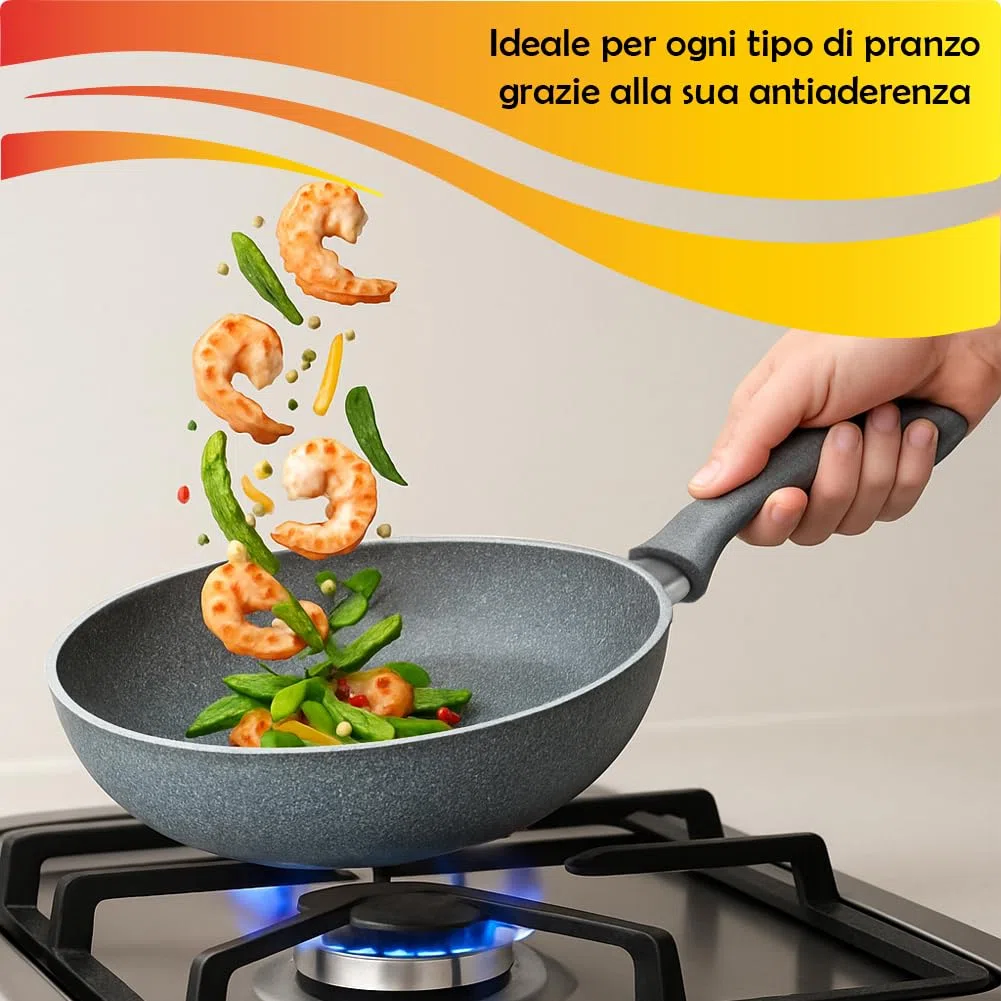 BAKAJI Juego de 3 sartenes Primolla de 20 – 24 – 28 cm de diámetro, revestimiento efecto piedra antiadherente Pfoa Free para cocción homogénea, mango térmico Cool Touch, ideal para hornillos de gas