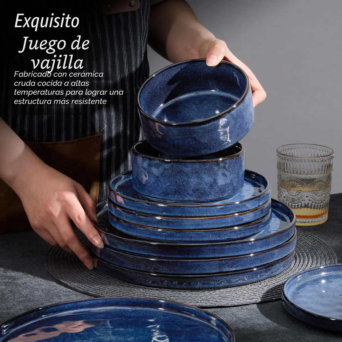 Juego de vajilla Homikit, juego de vajilla de 12 piezas para 4 personas, servicio de mesa combinado con platos llanos, platos de postre y cuencos para cereales, azul noble