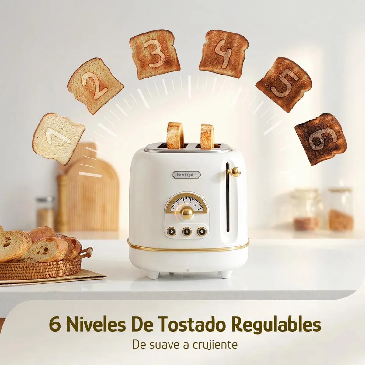 Hazel Quinn Tostadora Retro de 2 Rebanadas con Bandeja de Migas Desmontable, Ranuras Anchas de 3,8 cm, 6 Niveles de Tostado, Funciones Cancelar/Descongelar/Recalentar, Estilo Vintage, Blanco Perla