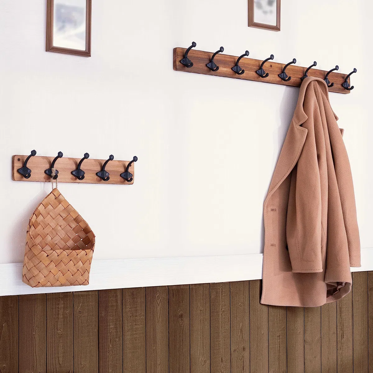 WEBI Percheros Pared Madera,8 Ganchos de Hierro Fundido,Colgador Pared,Percha Pared,Colgadores Pared,5 Ganchos Para Abrigos,Chaqueta,Marrón