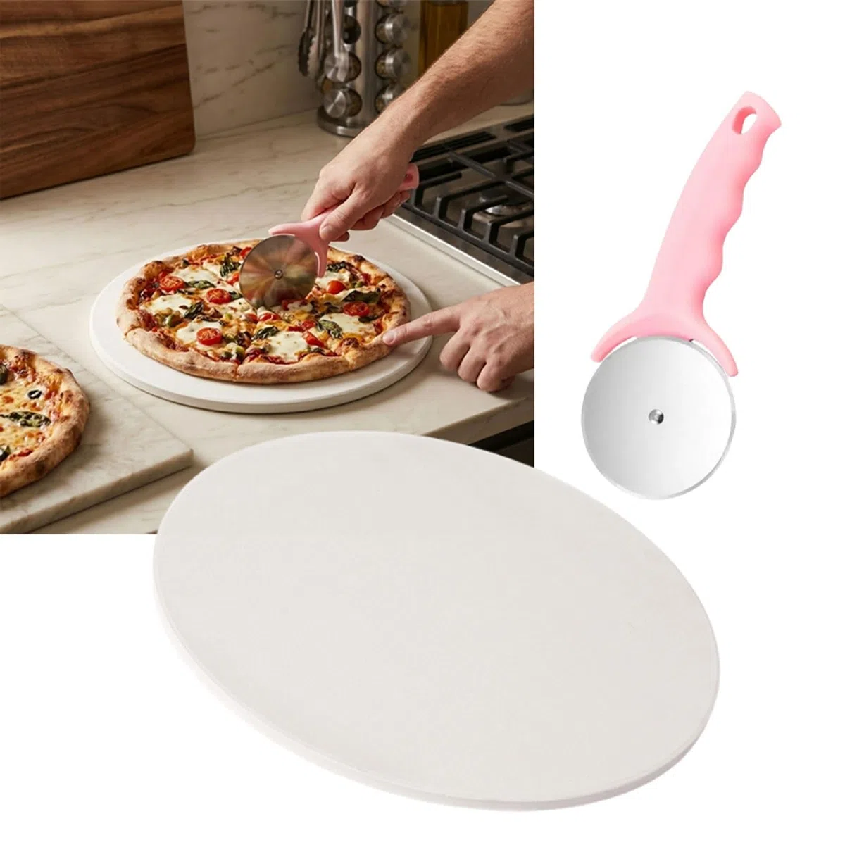 Piedra Para Hornear De Cordierita Con Cortador De Pizza Piedra Refractaria Antiadherente Para Horno Y Parrilla, Piedra De Pan Para Panadero Casero Retención De Calor Superficie(14 * 0.4in)