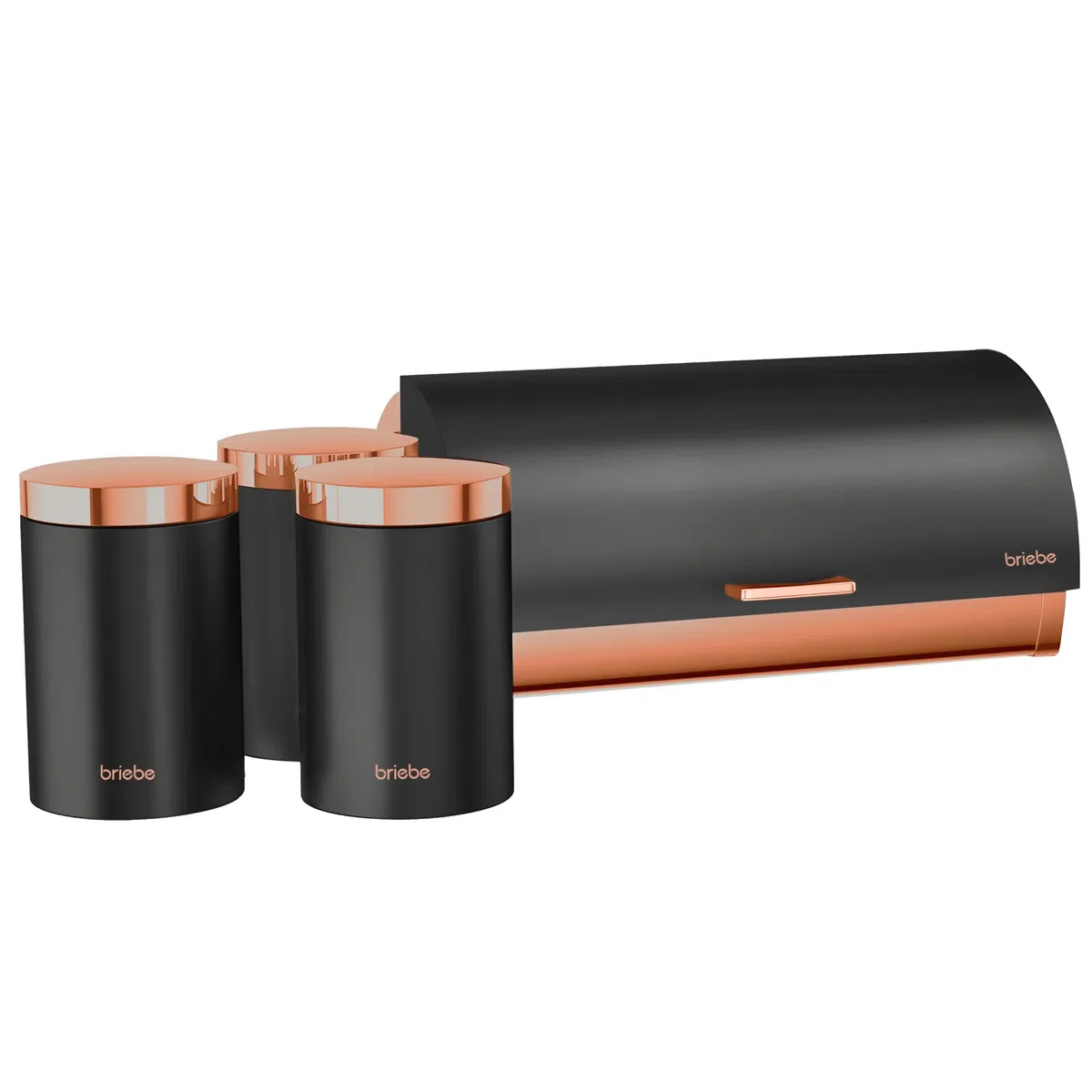 briebe Set Panera de Mesa + Juego de 3 Botes Cocina Almacenaje, Acero Inoxidable, Contenedor para Guardar Pan y Bollería, Tapa Deslizante, Diseño Moderno, Bread Box, Negro Mate/Oro Rosa