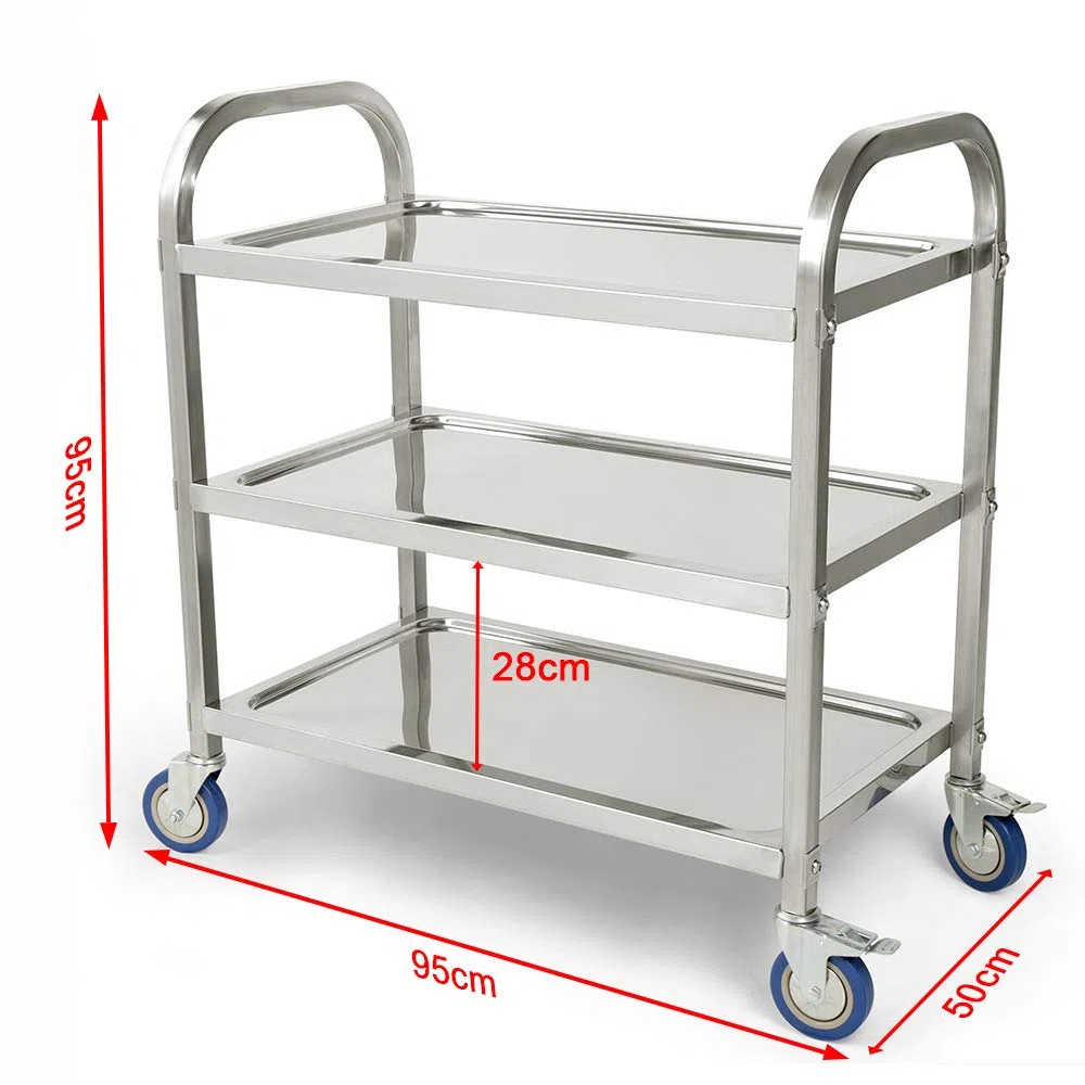Carros de Servicio de 3 Niveles, Carro Grande de Acero Inoxidable con Rruedas Universales para Cocina/Hotel/Restaurantes/Hogar de Atención (Acero Inoxidable, 95x55x95cm)