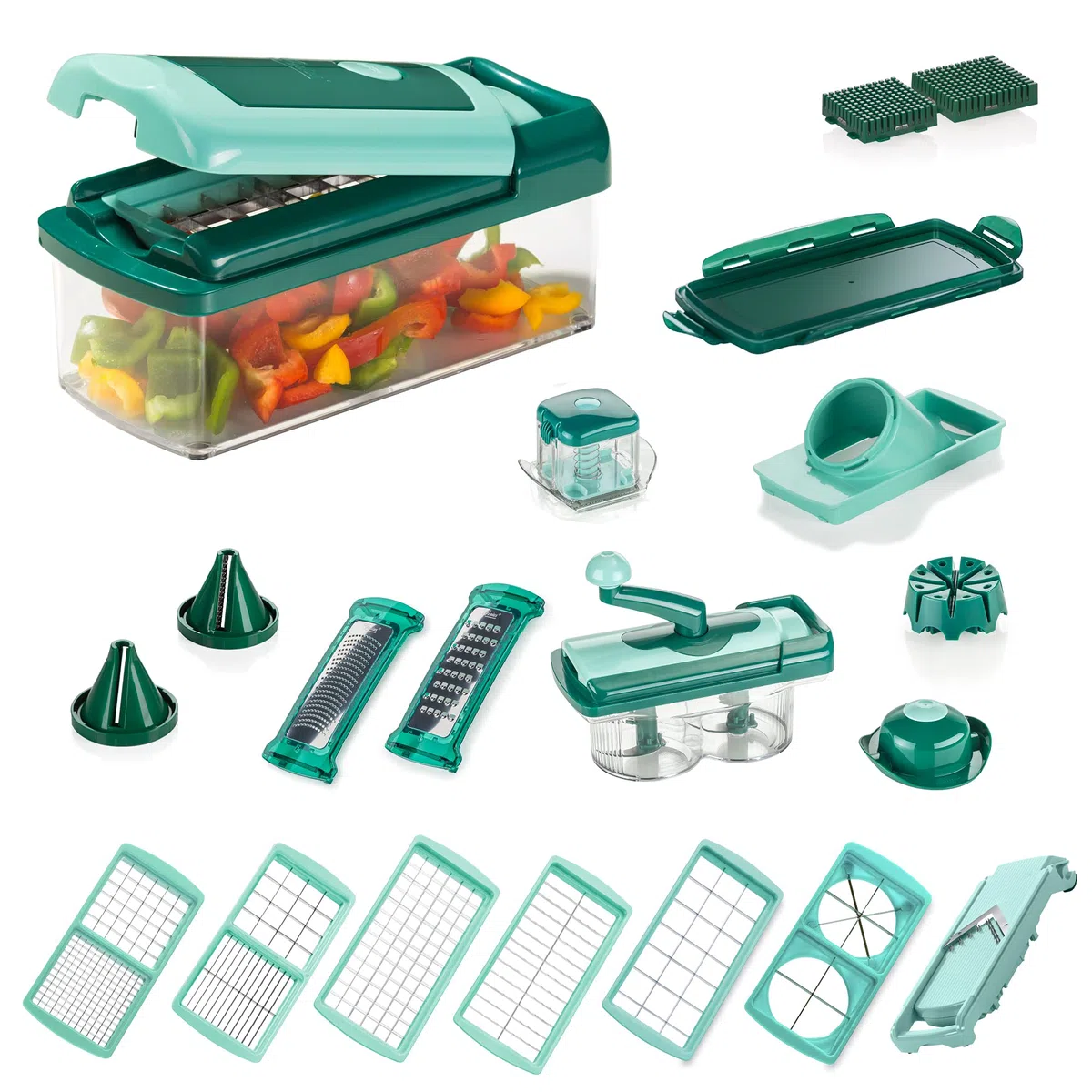Genius Nicer Dicer Fusion Smart Set 28 piezas + Twist – Cortador de frutas y verduras, cortador de cebolla, cortador de tomates manual