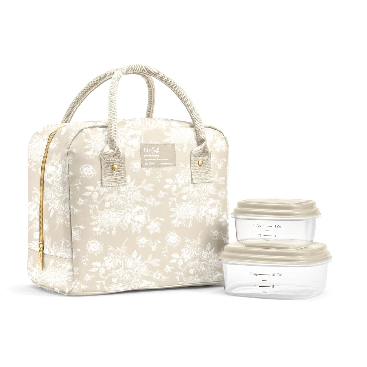 Fit & Fresh Bloomington Bolsa de almuerzo isotérmica para mujer – Gran caja de almuerzo isotérmica para trabajar con contenedores, antifugas, resistente a las manchas, cremallera, lona marrón claro