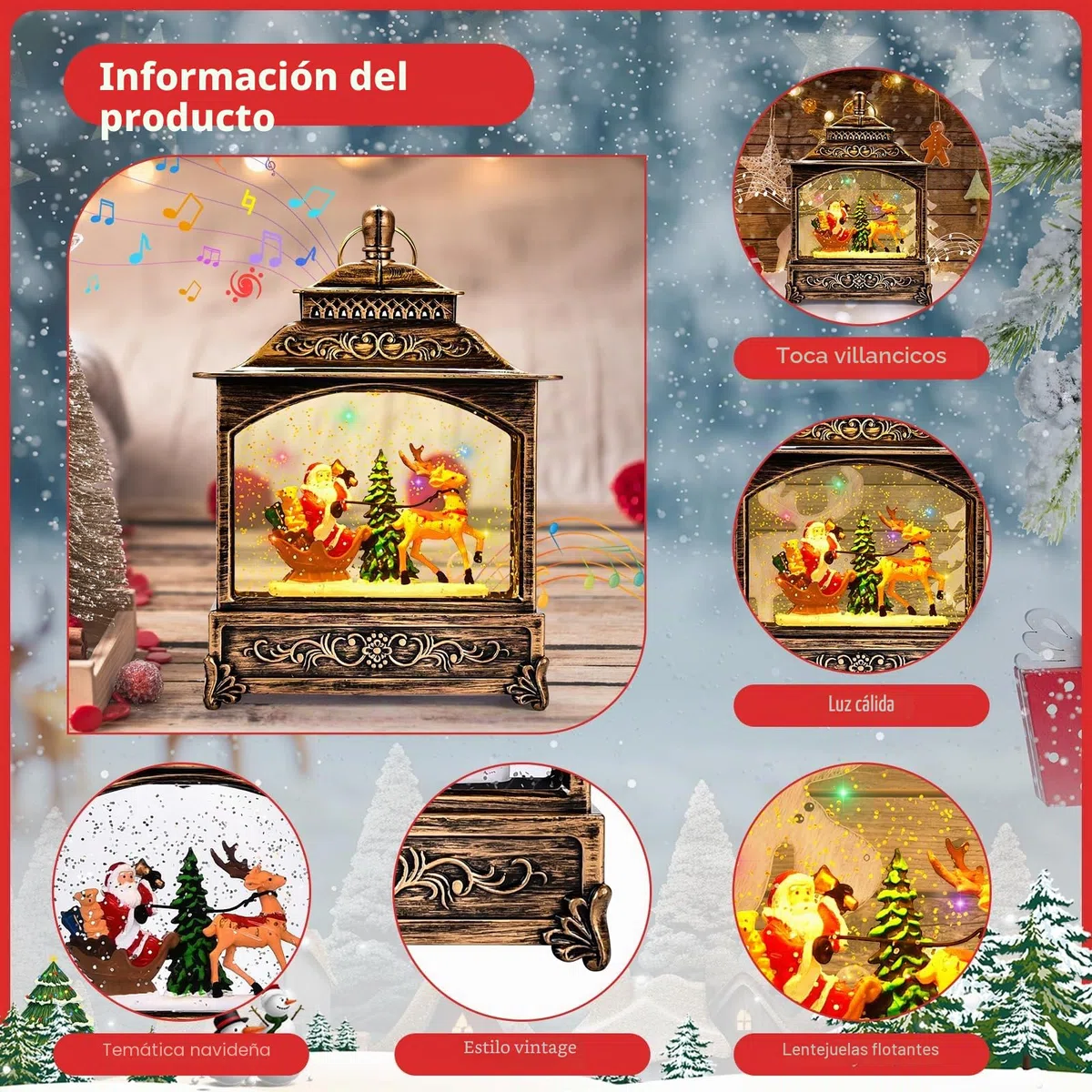 Joellfuner Globos de Nieve Navideños Musicales, Bola de Navidad con Nieve, Farolillo Navidad, con Brillo de AguaLuz de Noche, Decoraciones Navideña de Papá Noel Regalos Adornos (B3)