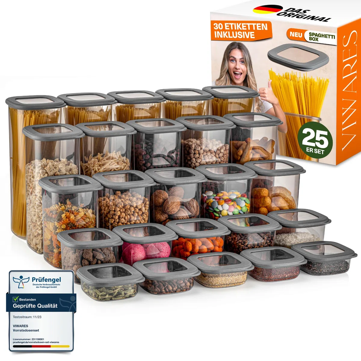 Viwares Juego de 25 recipientes de almacenamiento con tapa, herméticos, sin BPA, para cereales, harina, cocina, práctico organizador de cocina, recipientes para almacenamiento de alimentos