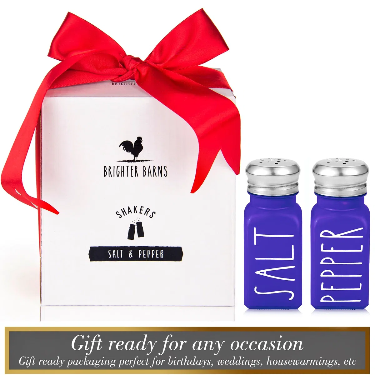 Brighter Barns - Juego de salero y pimentero morado – Decoración moderna de cocina de granja y accesorios – Bonito juego de sal y pimentero – Cocteleros de vidrio y tapas de acero inoxidable para el