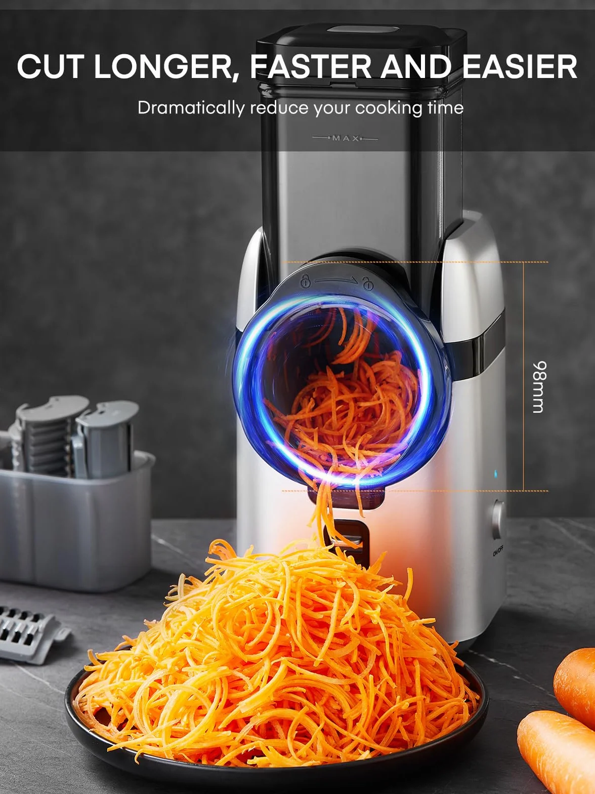 FOHERE Cortador de Verduras Eléctrico Rallador Multifunción para Frutas | 5 en 1 con Motor 80W, varias Cuchillas Intercambiables y Caja de Almacenamiento. Procesa Patatas Enteras