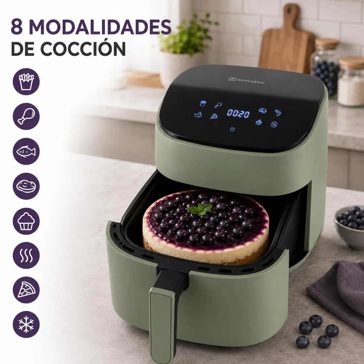 Iluminashop - Air Fryer Line Green Touch 6,5L, Freidora de Aire sin Aceite, 1600W, 8 Menús Digitales, Pantalla Táctil,Función Grill, Temporizador regulable, Temperatura 80-200°C, Fácil y Saludable