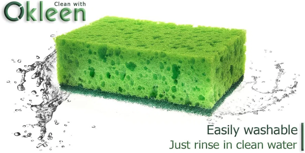 Esponja multiusos verde para fregar. Fabricado en Europa. Paquete de 9, 4.3 x 2.8 x 1.4 pulgadas. Fibra resistente e inodora. Las mejores esponjas y estropajos de cocina duraderos, delicados,