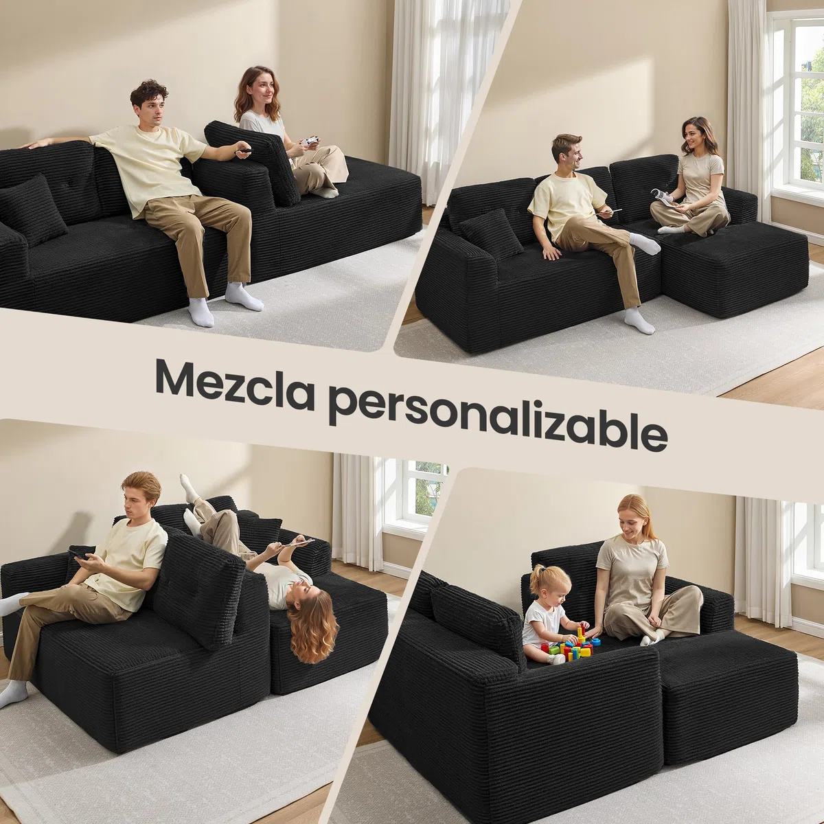 VASAGLE Sofá Esquinero, Sofá Modular de 244 cm, Entrega Compacta, Sin Montaje, con Gran Chaise Longue a la Derecha, para Salón o Habitación de Invitados, Negro, LCS184B101