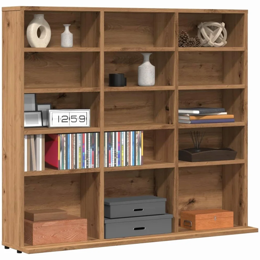 Artisan-Roble - Estantería para CD, 100 x 23 x 89,5 cm, de madera, con compartimentos abiertos, estantería para DVD y discos de vinilo, para salón, oficina y dormitorio