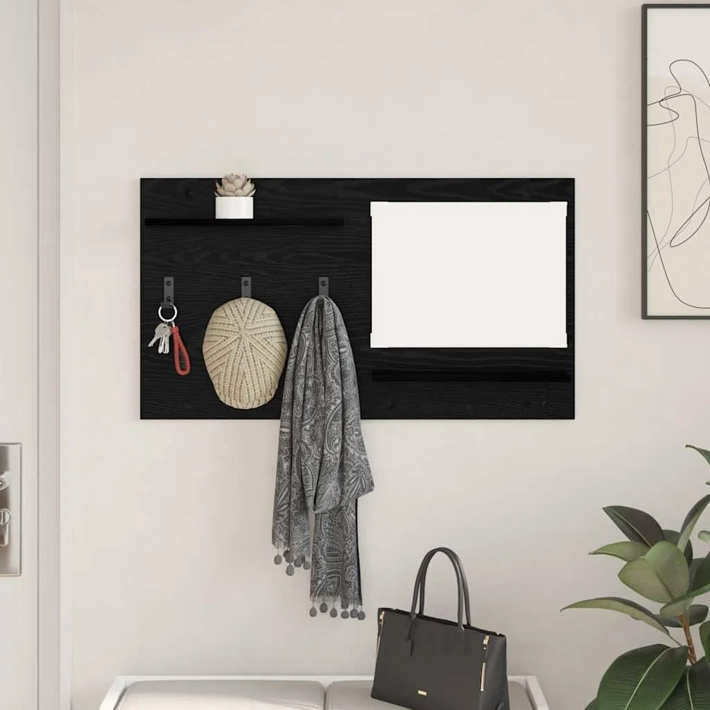 Estantería de pared de roble negro 90 x 10 x 50 cm, con espejo y 2 estantes, diseño moderno, resistente y estable para pasillo, dormitorio, sala de estar y oficina