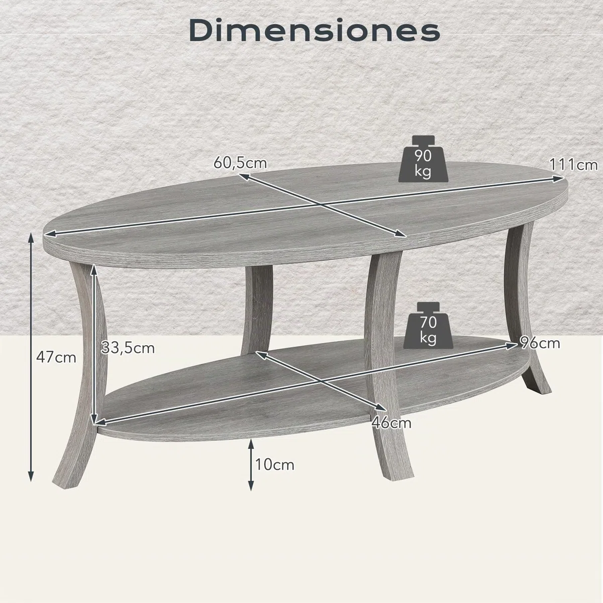 GOPLUS Mesa de Café Ovalada, Mesa Decorativa de Madera de Caucho con Estante de Almacenamiento Abierto, Mesa de Centro de 2 Niveles con Patas de Soporte Robustas para Sala de Estar Estudio (Gris)