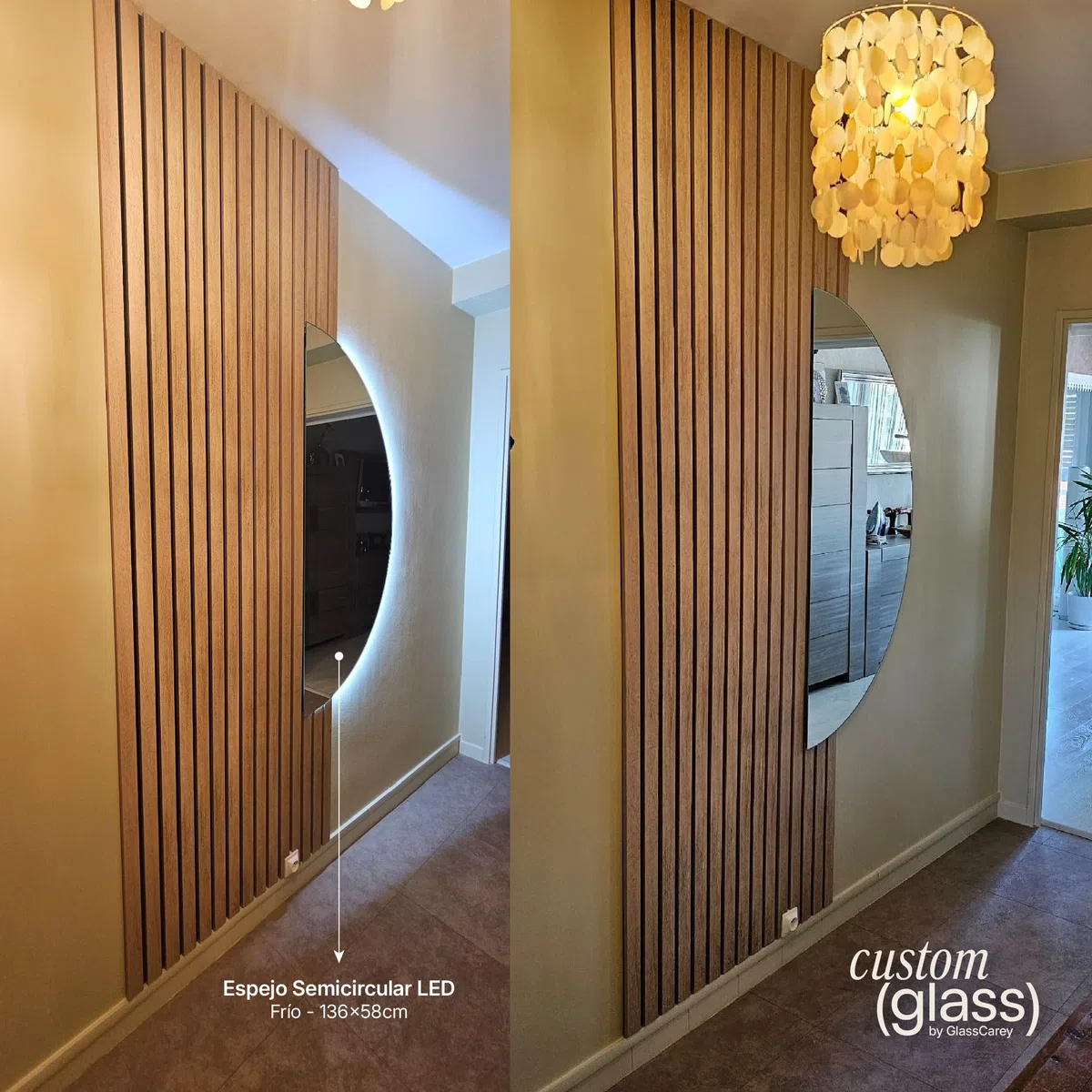 CustomGlass Espejo Semicircular Led 154X66 cm de Pared Diseño Media Luna con Iluminación Decoreativa Varias Madidas Ideal para Recibidor Dormitorio Salón o Baño (Semicircular 154X66 cm)