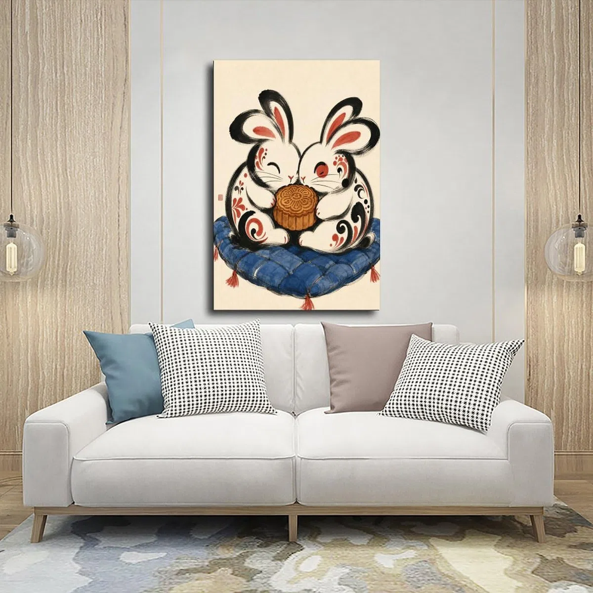 W7C8U2X3 Pareja de Conejos con Tambor Cuadro en Lienzo, Dormitorio | Festival Folclorico, Poster en Lienzo Entrada, Festival Folcloric, Pasillo, Arte Folk, Decoracion Salon, 24x36inch(60x90cm).