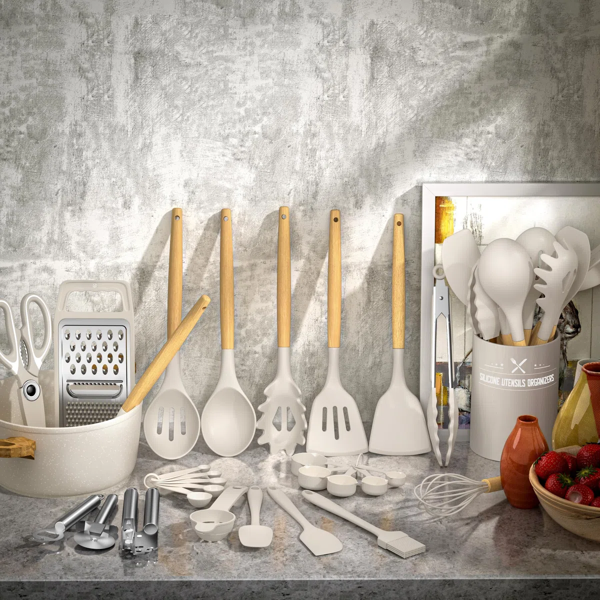 Terlulu Juego de utensilios de cocina, juego de 34 utensilios de cocina de silicona con mango de madera, juego de utensilios de silicona resistentes al calor, juego de pinzas y cuchara para utensilios