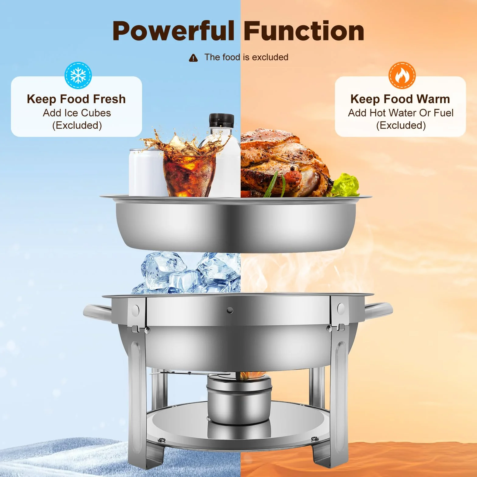 7,5 litros de calientaplatos, buffet chafing dish, redondo, acero inoxidable, con pasta de combustión de 360 mm, adecuado para bufés, celebraciones familiares, banquetes, bodas