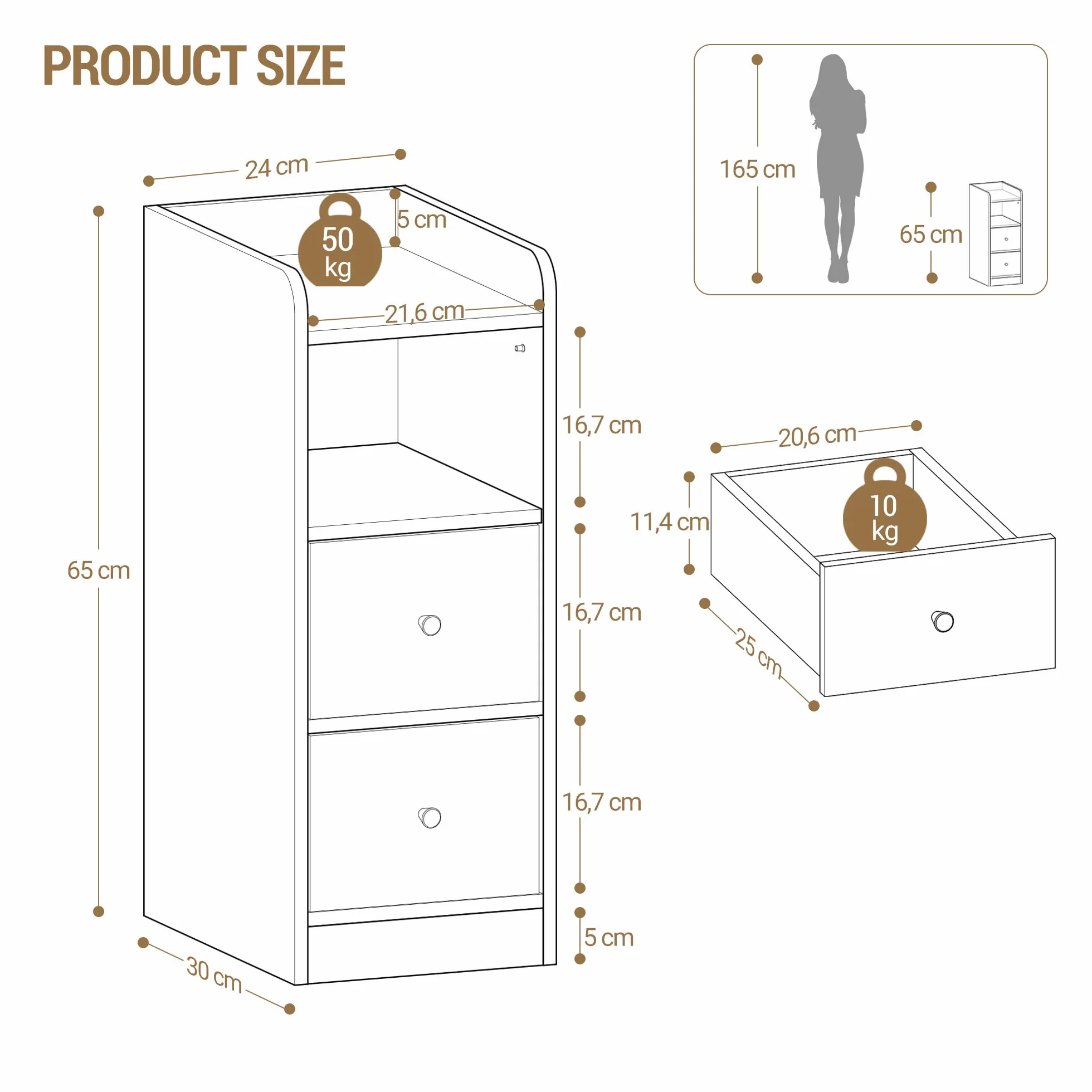 Hzuaneri Mesilla de Noche de 2, Mesas Auxiliares con 2 Cajones, Negro | Protector Superior, para Espacios reducidos, para Dormitorio, Salón, 30 x 24 x 65 cm, NS62204X