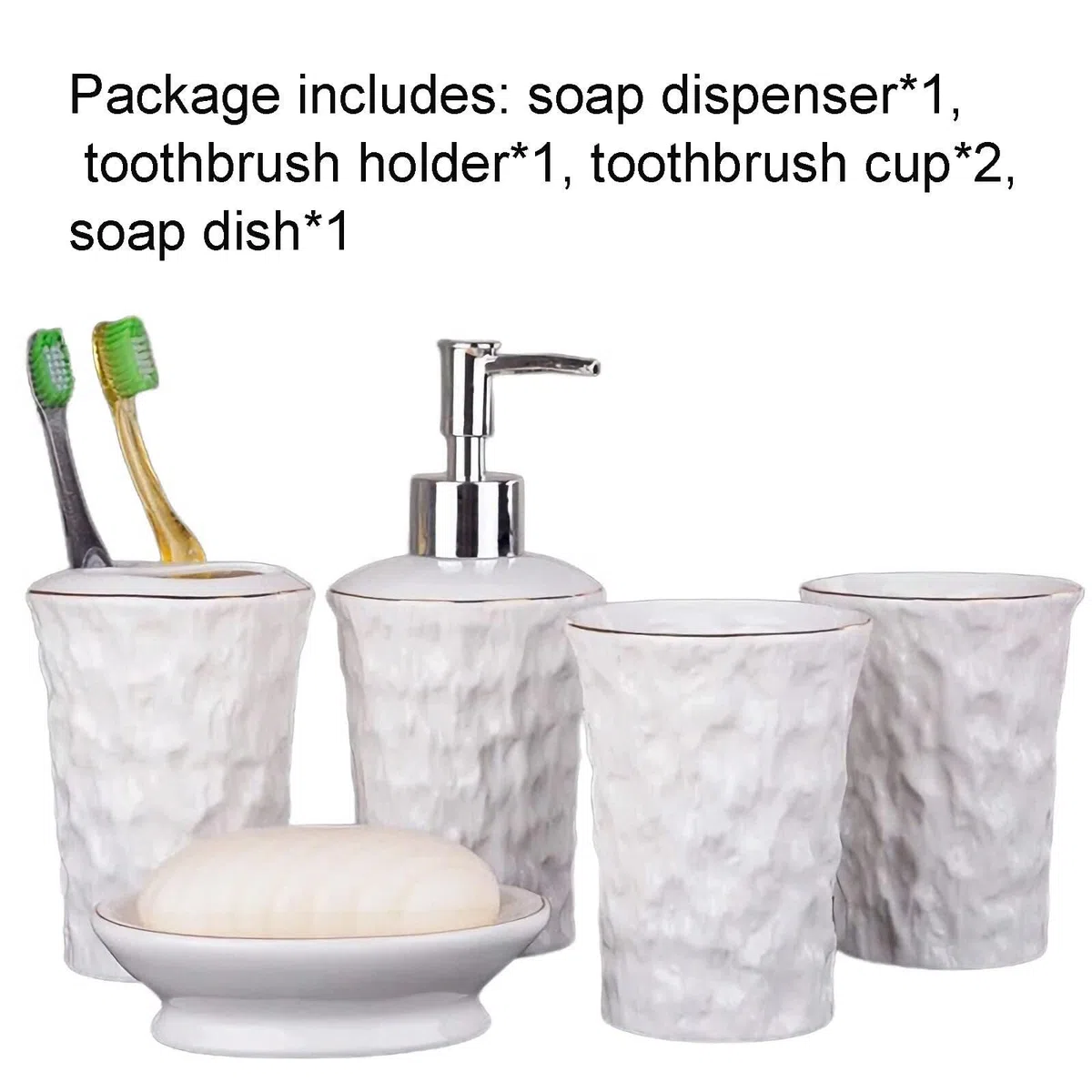 Juego de Accesorios de baño Dispensador de jabón, Porta cepillos Dientes, Plato for 2 Tazas, Blanco con Detalles Dorados Decoración estética para el hogar