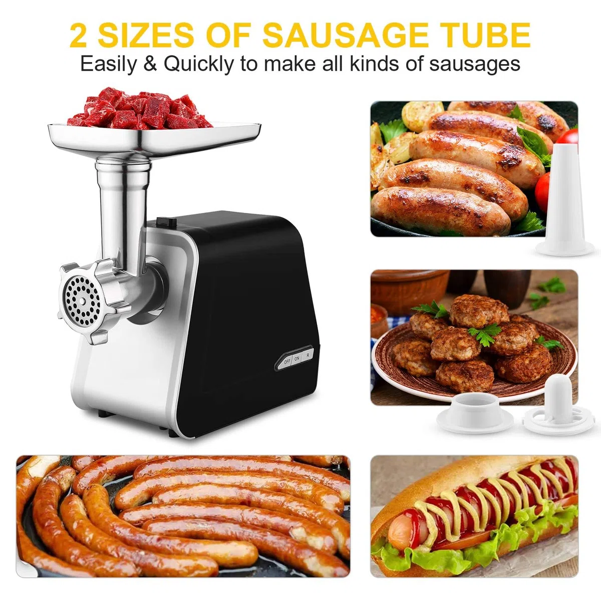 COOCHEER Picadora de carne eléctrica, 2000 W, picadora de carne picada con 3 discos perforados, accesorios para salchichas y kibbe para cocina doméstica, carne, comida para bebés