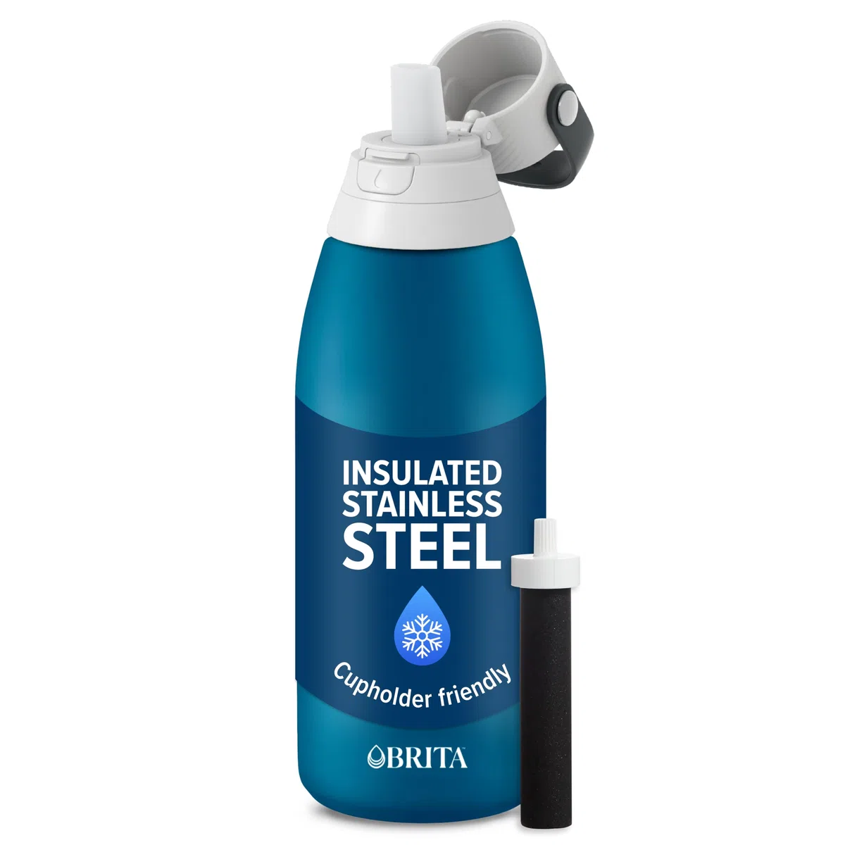 BRITA Botella de agua filtrada aislada con popote, reutilizable, metal de acero inoxidable, marina, 32 onzas