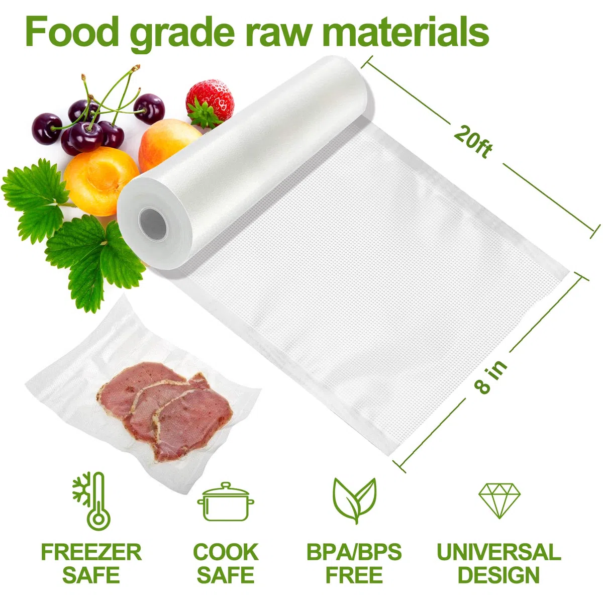 Bolsas selladoras al vacío – 8 pulgadas x 20 pies (3 rollos) – Rollos de grado comercial Sous Vide y ahorro de alimentos, reutilizables y ajustables, protección contra pinchazos, ideal para cocinar y