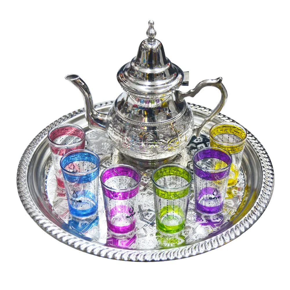 Juego de té marroquí completo. Tetera 750 ml bandeja 32 cm 6 vasos típicos de cristal