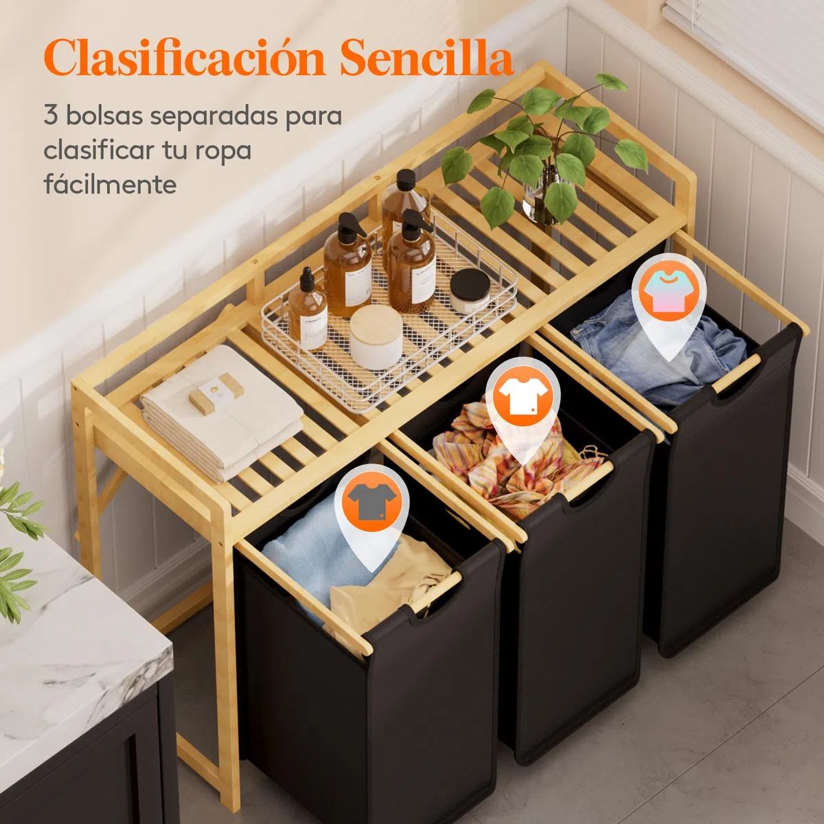 Lifewit Cesto para la Ropa 150L con 3 Compartimentos, Gran Cesta de Ropa con 3 Bolsas Extraíbles, Mueble para Ropa Sucia para Dormitorio, Baño, Lavadero, Negro