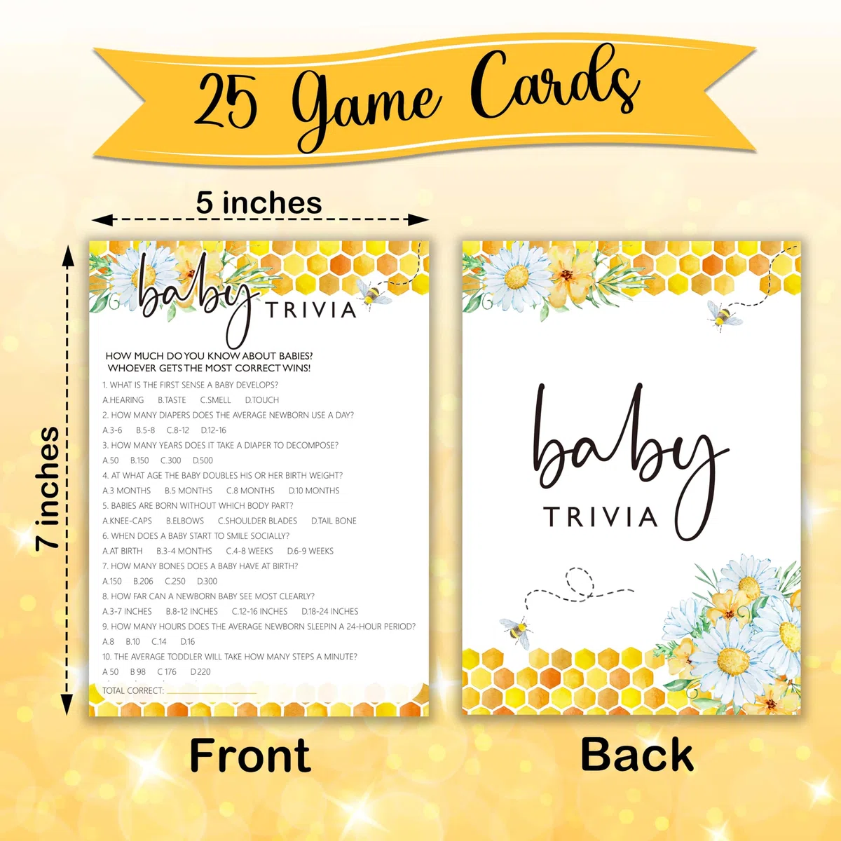 Juegos de abejas para baby shower, juego de trivia para bebés, decoraciones de baby shower de margaritas de verano, suministros de fiesta de género neutro y regalo, 5 x 7 pulgadas y juego de 25