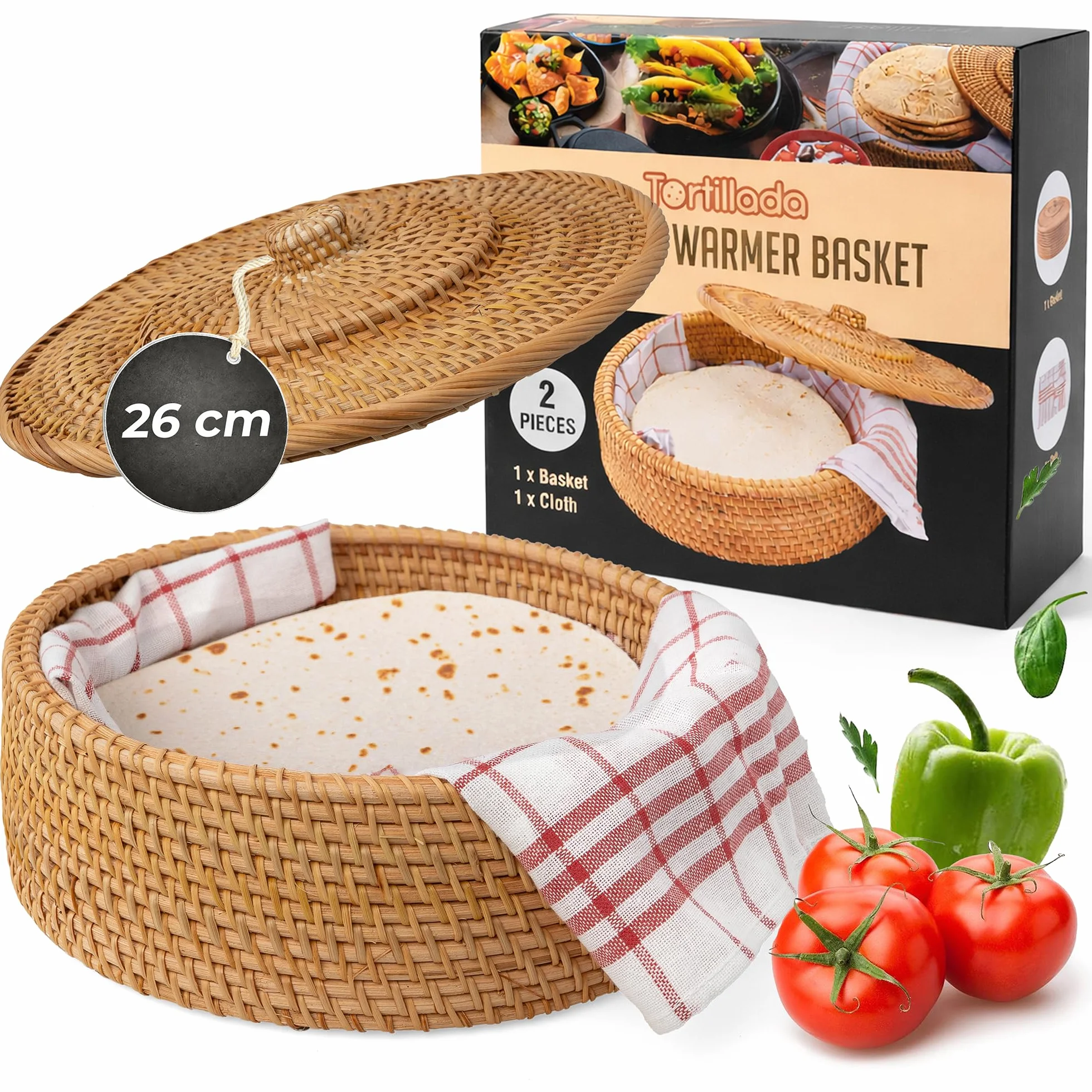 Tortillada - Calentador de Tortillas 26 cm Ratán – Cesta de Pan Hecha a Mano para Tortillas, Wraps y Pan Plano – Incluye Tela de Algodón, Mantiene la Comida Caliente