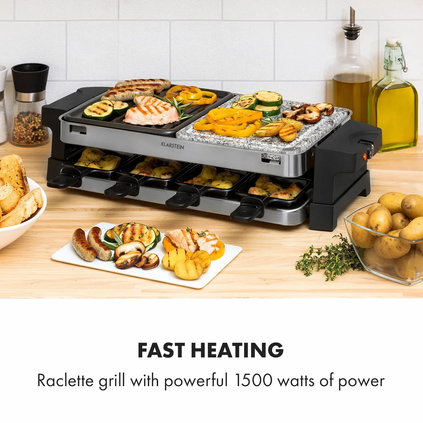 Klarstein Sirloin Grill para raclette, 1500 vatios, 2 en 1: placa de grill de aluminio y placa de piedra natural, Termostato regulable, para 8 personas, Sartenes de raclette de acero
