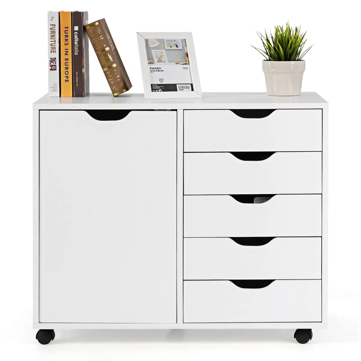 GOPLUS Cajonera con Rueda y 5 Cajones, Cajonera Escritorio de Madera, Armario Archivador Móvil de Oficina, Organizador de Archivos con Freno, Gran Capacidad, para Oficina, 78x39x65cm (Blanco)