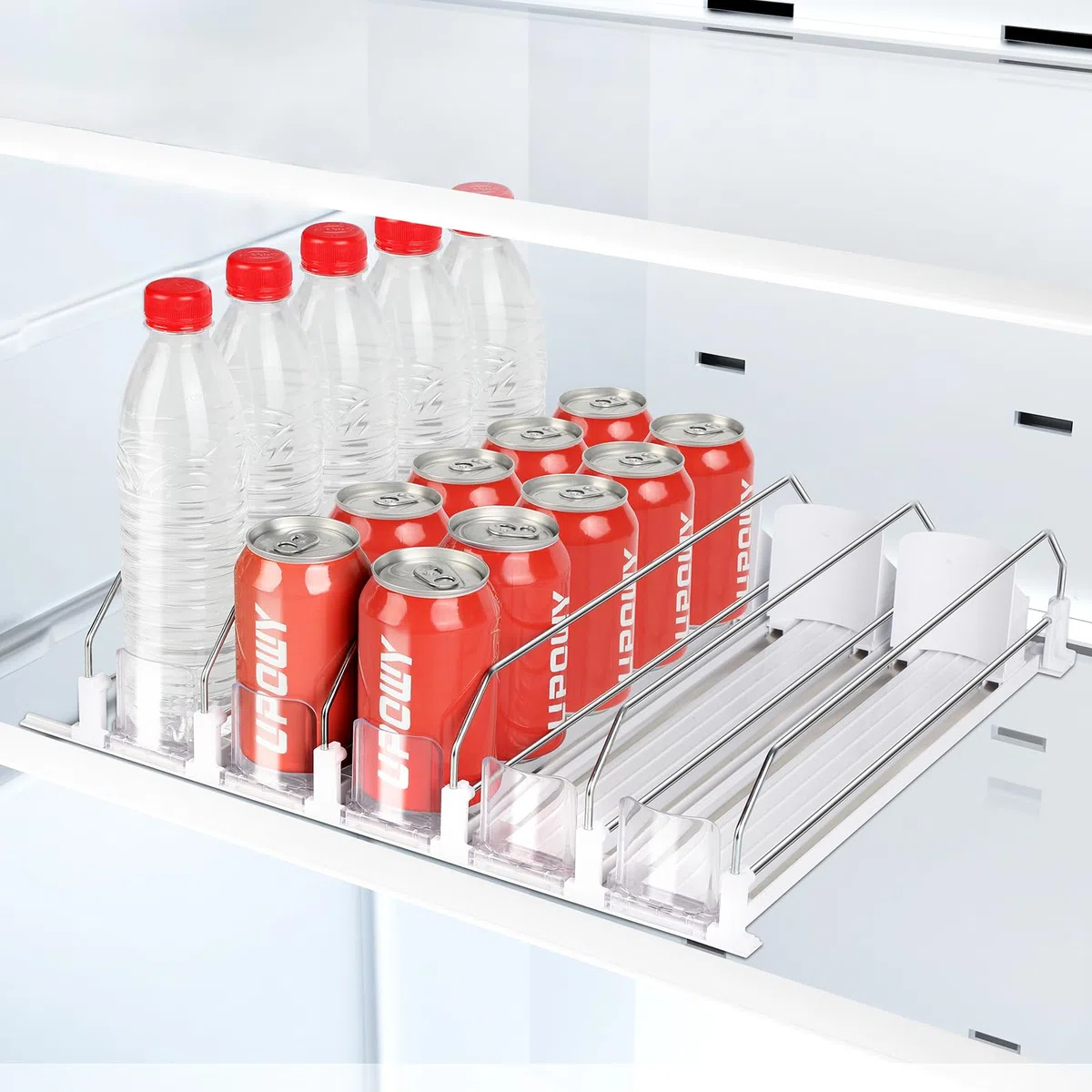 Organizador de bebidas para refrigerador, organizador de latas de refrescos, dispensador de refrigerador, organizador de refrigerador y organizador de botellas de agua de almacenamiento, color blanco,