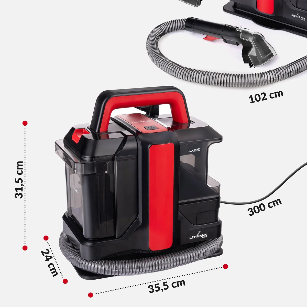 LEHMANN EasyWash - Limpiador de alfombras y tapicería 2 en 1 Spot Clean, aspiradora en seco y húmedo de 450 W, sistema de dos depósitos, quitamanchas para sofá, alfombra y coche, incluye accesorios