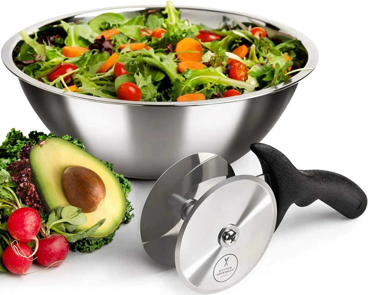 Cortador de ensalada de acero inoxidable con cortador de ensalada de mezzaluna de grado chef - Preparación de ensaladas ultra rápida