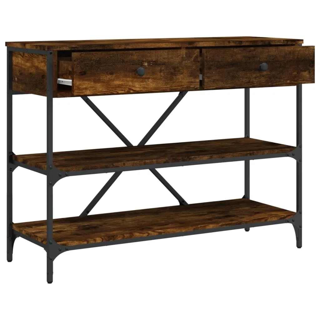 Mesa consola clásica de madera con estructura de acero, 2 cajones y estantes para almacenamiento, mesa auxiliar para salón y pasillo