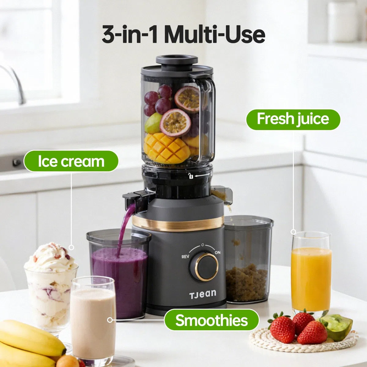 TJean Exprimidor de Prensado Lento con Tolva de Alimentación de 110mm para Verduras y Frutas Enteras, Alto Rendimiento de Jugo, Bajo Consumo Energético, Fácil de Limpiar, Material Tritan sin BPA