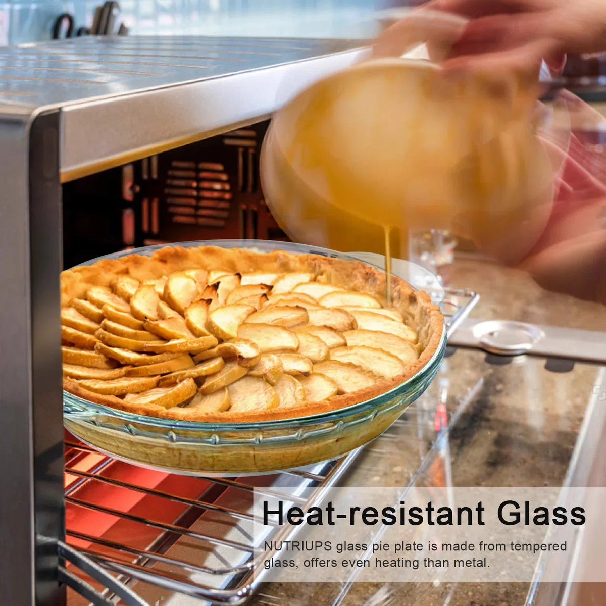 NUTRIUPS Plato Eedondo de Vidrio para Hornear con Asa, Plato para Servir Pasteles, Alta Resistencia al Calor, Moldes para Hornear de Vidrio para Pasteles, Tartas, Flan (22x18,52x4,5 cm)