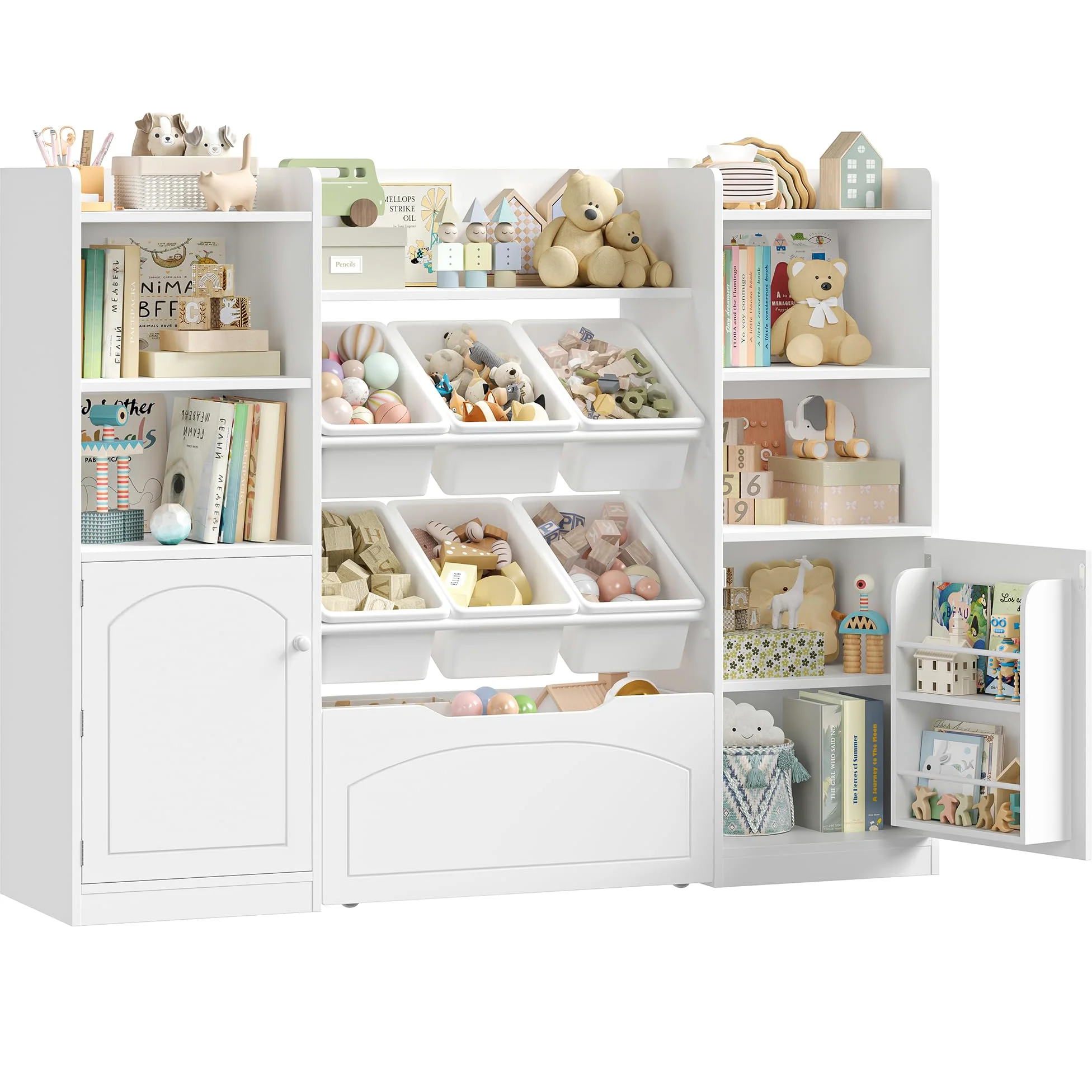FOREHILL Mueble Almacenaje Juguetes, Organizador Juguetes, 6 Cajas, Blanco | Mueble Juguetes Organizador, 8 Compartimentos, 2 Estantes para Puertas, 1 Cajón Grande, 140.5x33x108.2cm